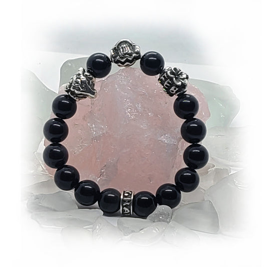 Ox Birth Year Zodiac, Birth Months, Birth Month Flower Silver Hematite and Black Onyx Beads Bracelet