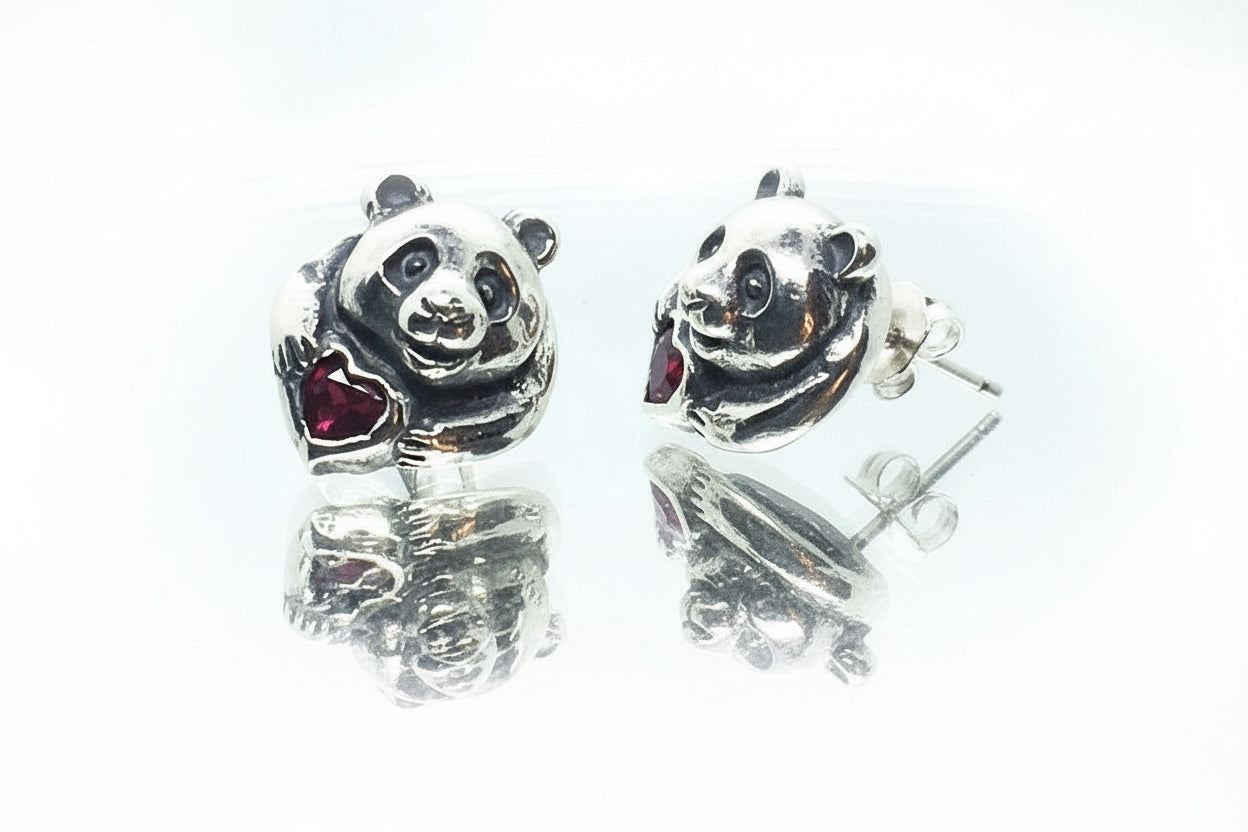Panda Sterling Silver Earring with Heart Stones