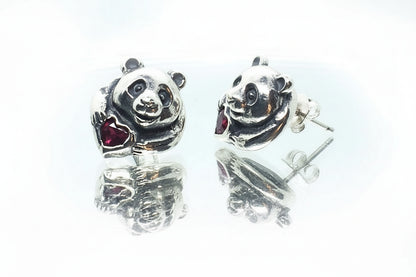Panda Sterling Silver Earring with Heart Stones