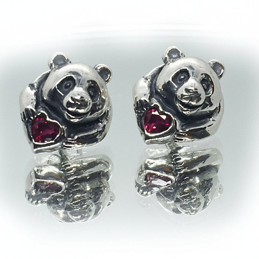 Panda Sterling Silver Earring with Heart Stones