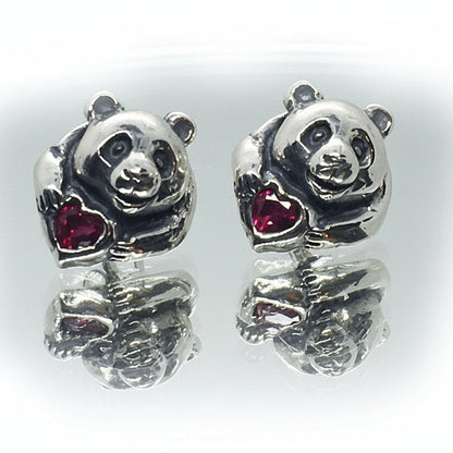 Panda Sterling Silver Earring with Heart Stones