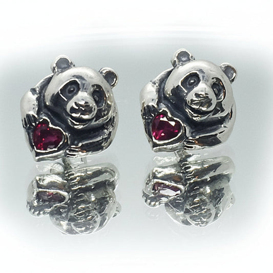 Panda Sterling Silver Earring with Heart Stones