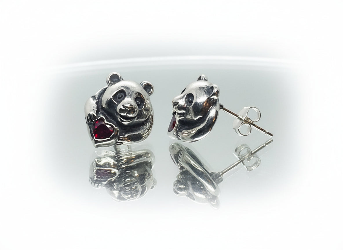 Panda Sterling Silver Earring with Heart Stones