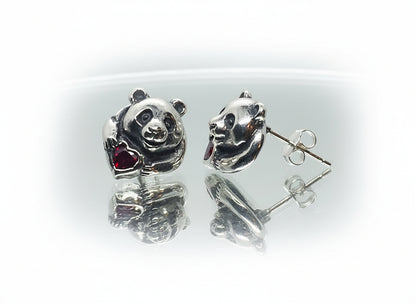 Panda Sterling Silver Earring with Heart Stones