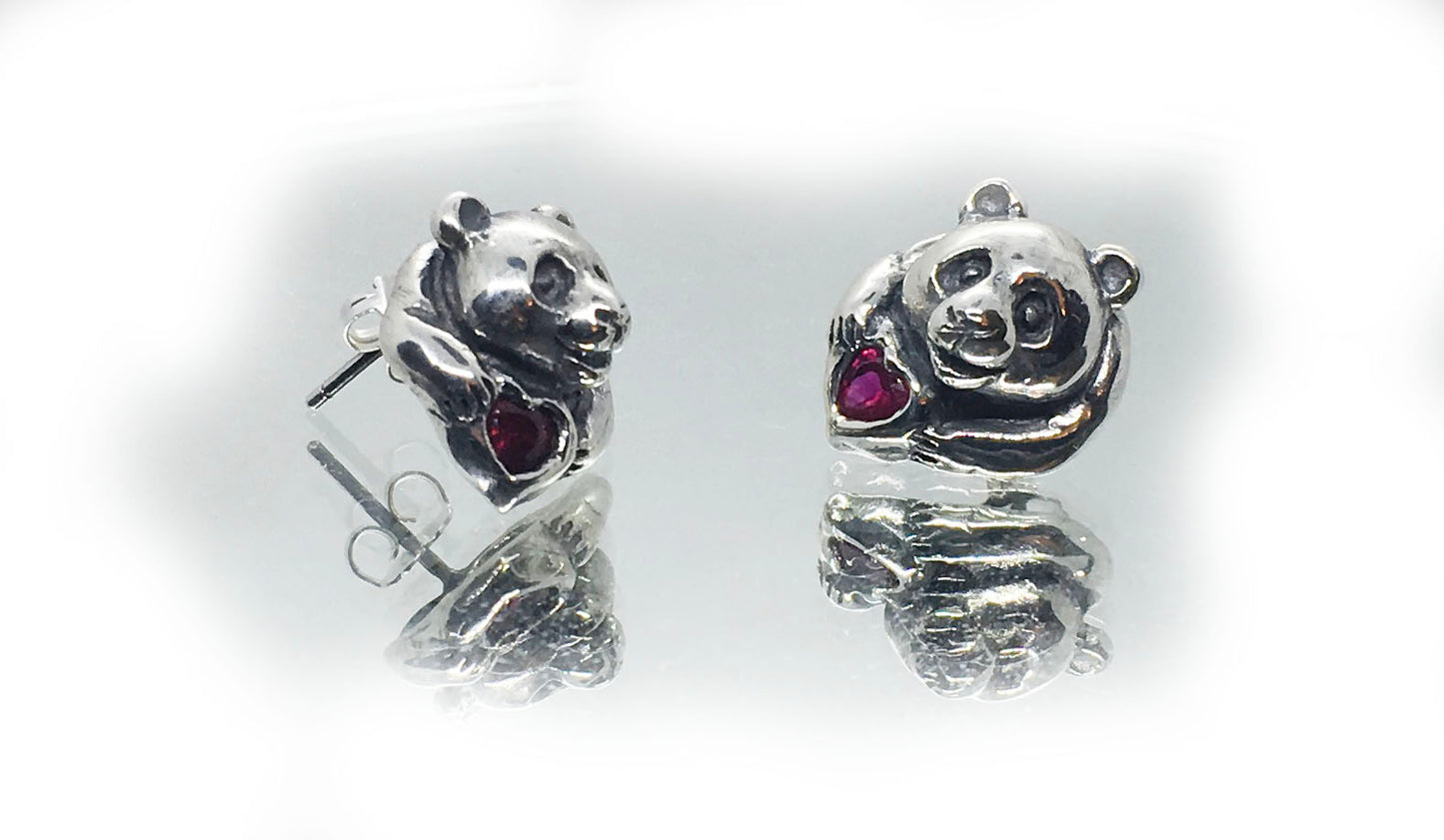 Panda Sterling Silver Earring with Heart Stones