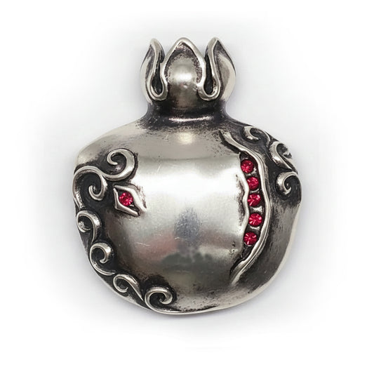 Pomegranate with Design and Red Stones Silver Belt Buckle