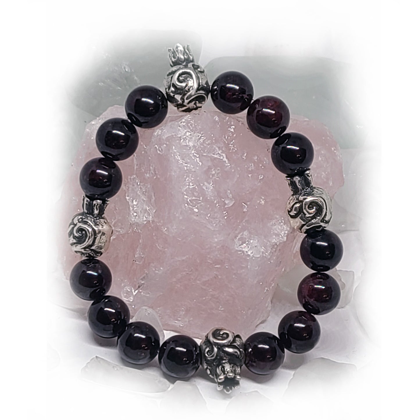 Pomegranates Silver Bead with Garnet Stone Beads Bracelet