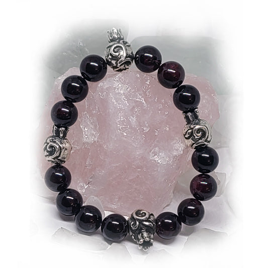 Pomegranates Silver Bead with Garnet Stone Beads Bracelet