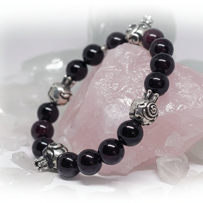 Pomegranates Silver Bead with Garnet Stone Beads Bracelet