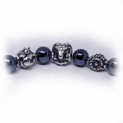 Rabbit Birth Year Zodiac, Birth Months, Birth Month Flower Silver Hematite and Black Onyx Beads Bracelet