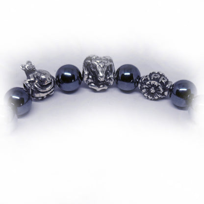 Rat Birth Year Zodiac, Birth Months, Birth Month Flower Silver Hematite and Black Onyx Beads Bracelet