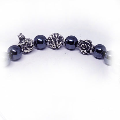 Rat Birth Year Zodiac, Birth Months, Birth Month Flower Silver Hematite and Black Onyx Beads Bracelet
