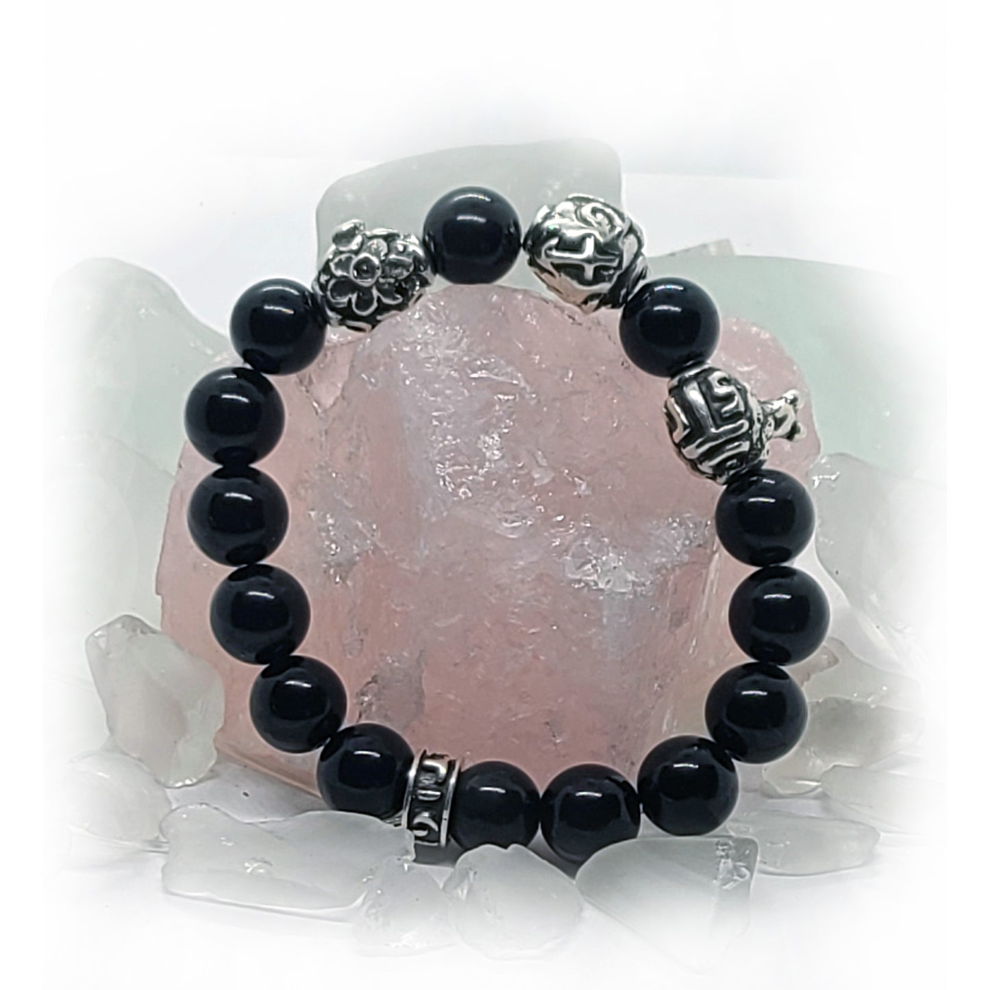 Rat Birth Year Zodiac, Birth Months, Birth Month Flower Silver Hematite and Black Onyx Beads Bracelet