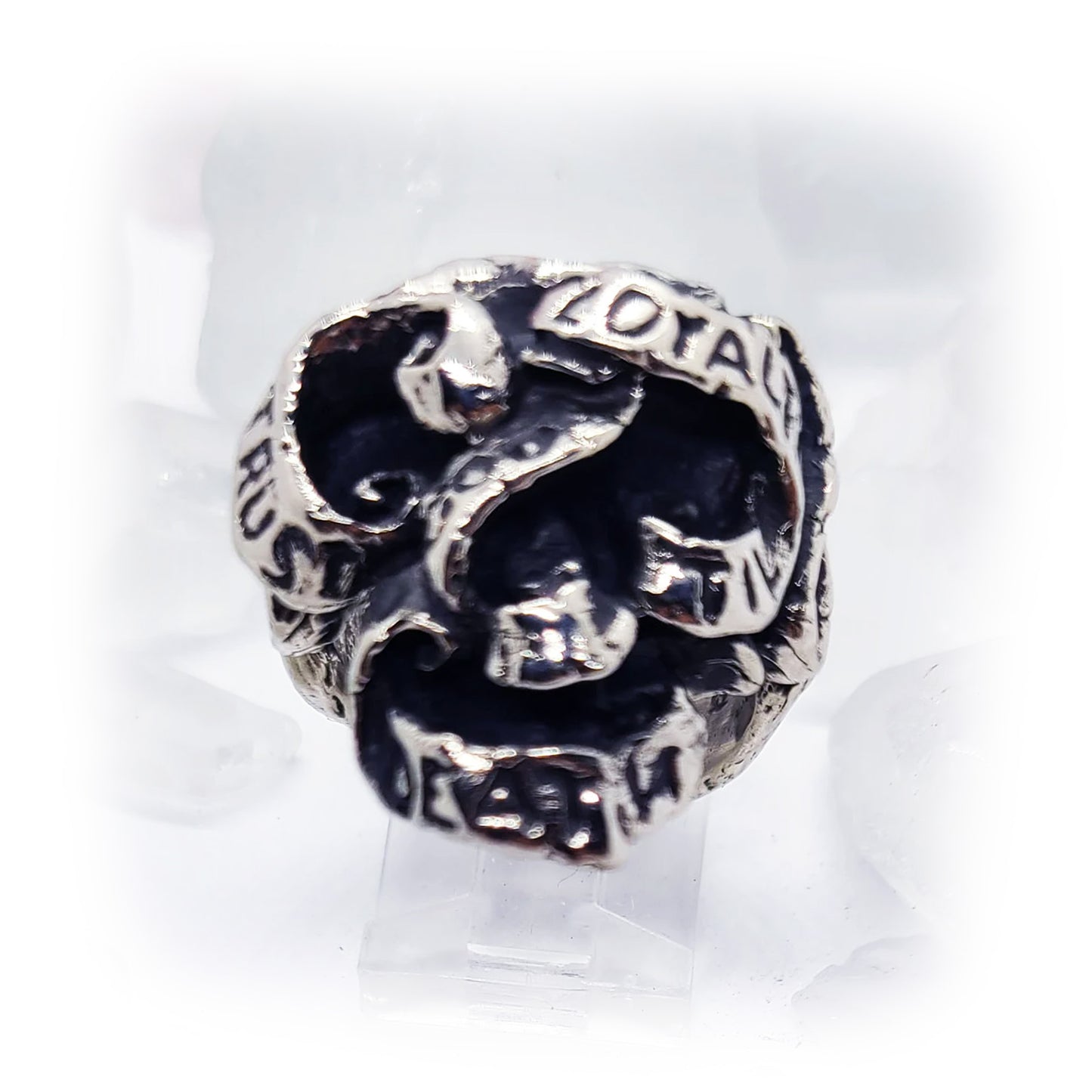 Ribbon Skull ''Trust God 'Loyalty Til Death" Silver Ring