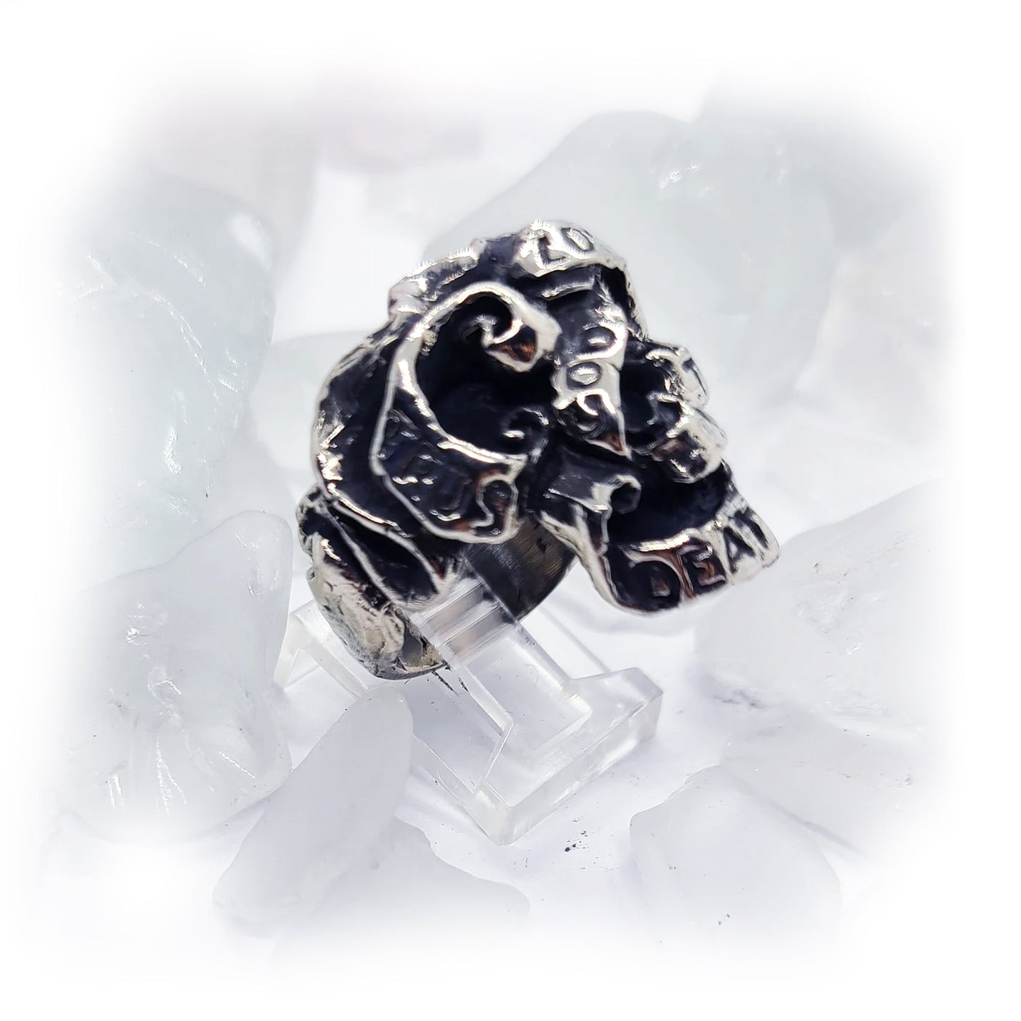 Ribbon Skull ''Trust God 'Loyalty Til Death" Silver Ring