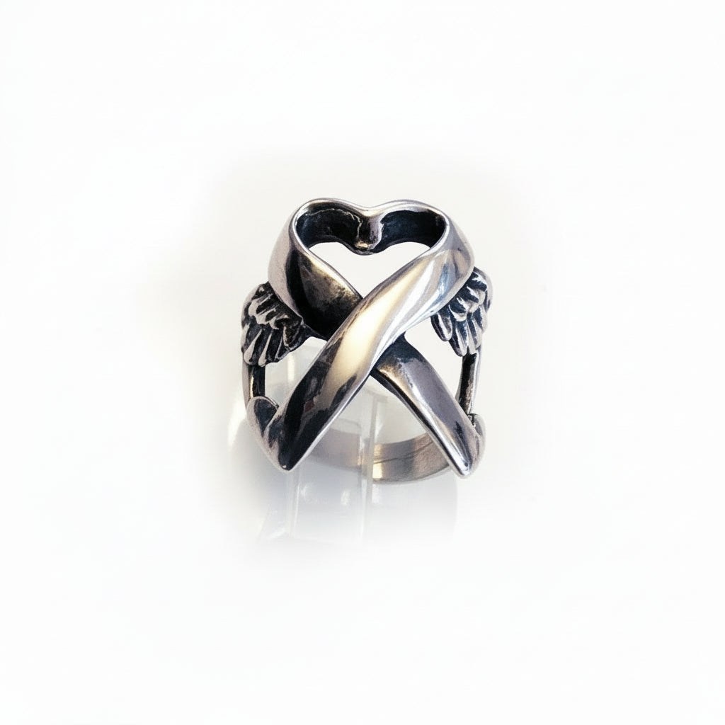 Memorial Ribbon with Wings Sterling Silver Ring