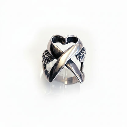 Memorial Ribbon with Wings Sterling Silver Ring