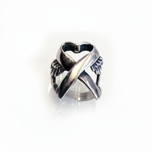 Memorial Ribbon with Wings Sterling Silver Ring