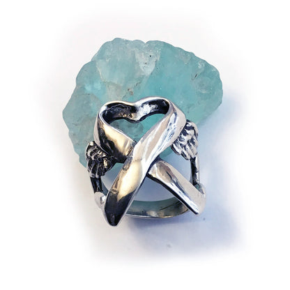 Memorial Ribbon with Wings Sterling Silver Ring