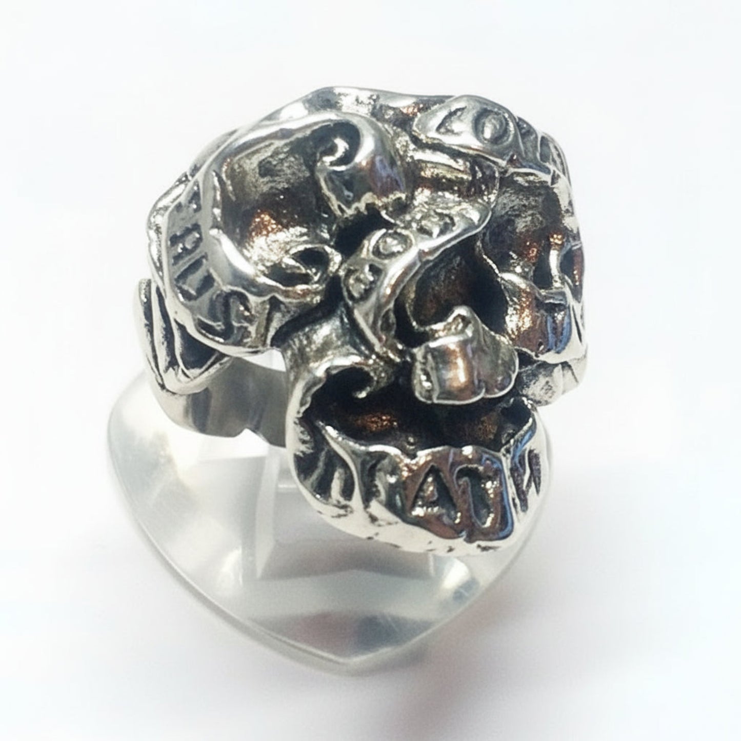 Ribbon Skull ''Trust God 'Loyalty Til Death" Silver Ring
