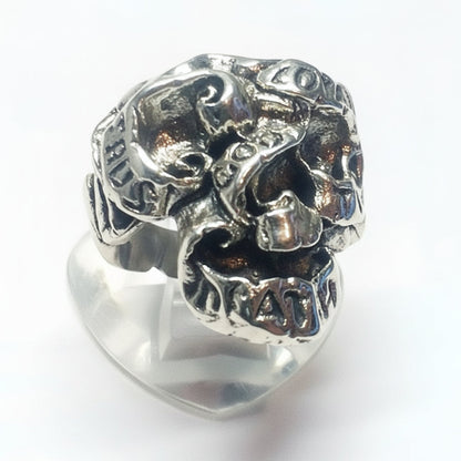 Ribbon Skull ''Trust God 'Loyalty Til Death" Silver Ring