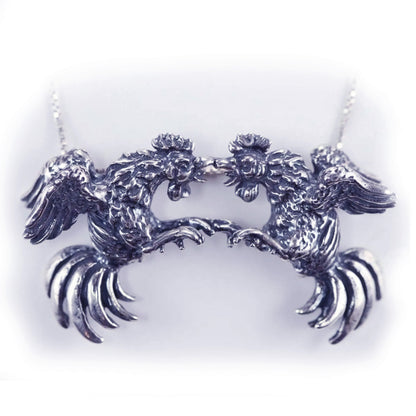 Roosters Cock Fight Sterling Silver Necklace