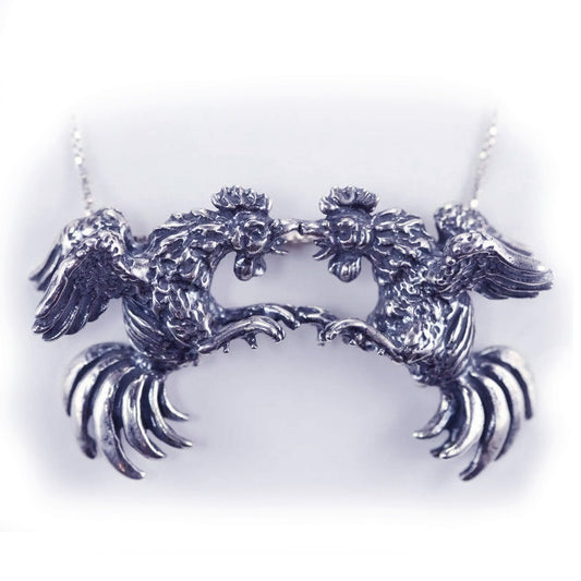Roosters Cock Fight Sterling Silver Necklace