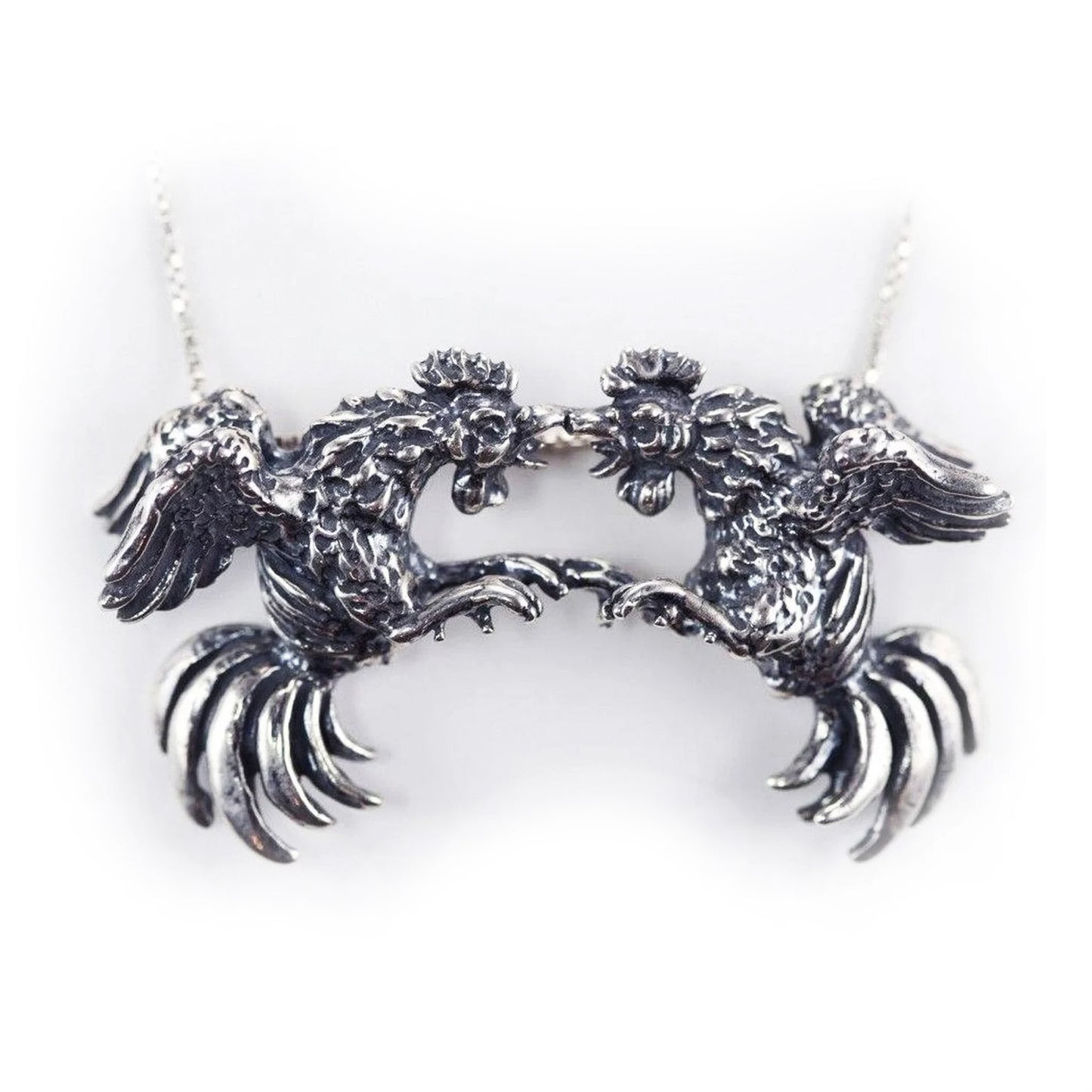 Roosters Cock Fight Sterling Silver Necklace