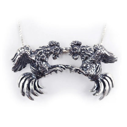 Roosters Cock Fight Sterling Silver Necklace