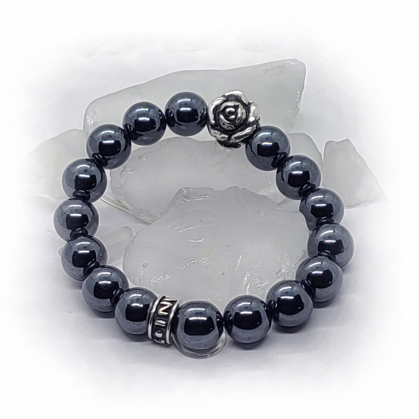 Rose Flower (June) Silver Bead with Hematite Beads Bracelet
