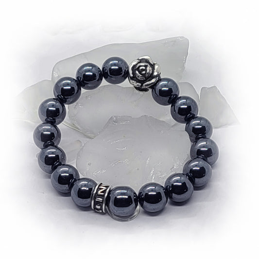 Rose Flower (June) Silver Bead with Hematite Beads Bracelet