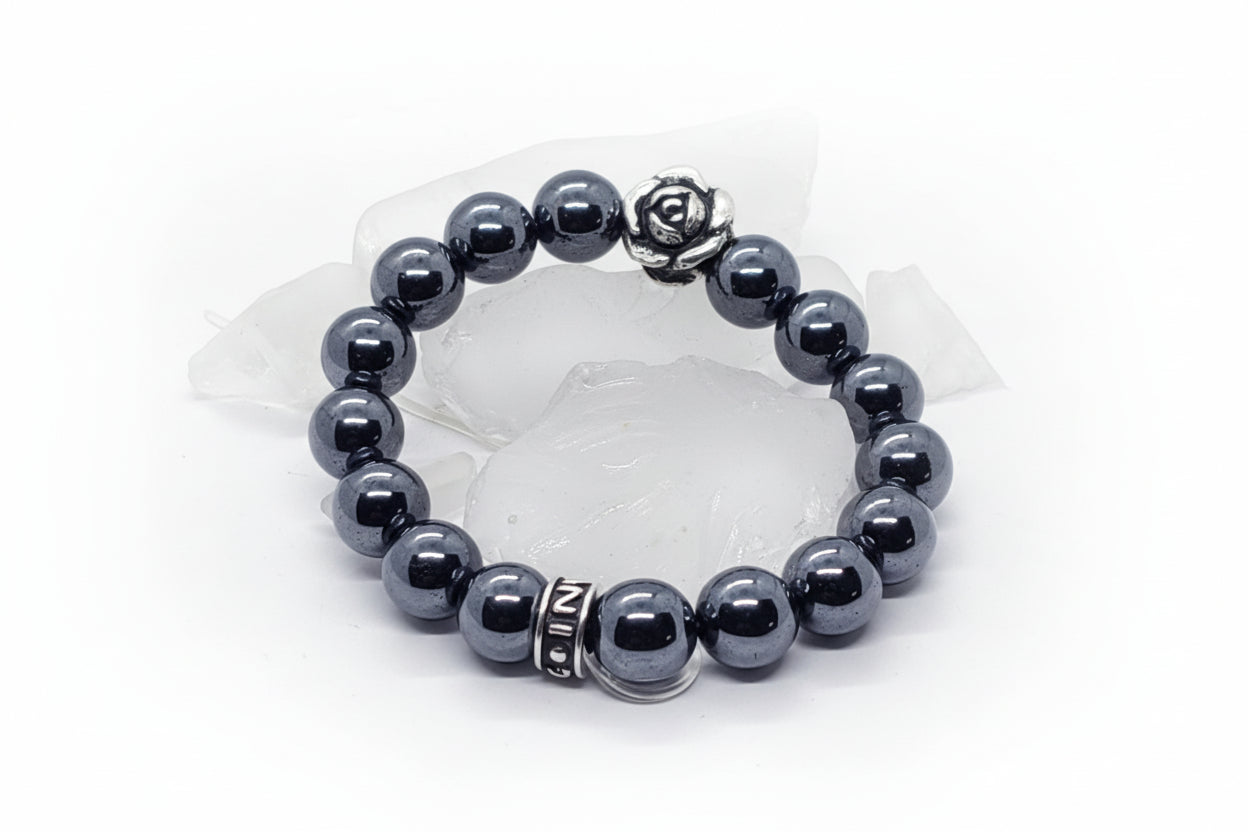 Rose Flower (June) Silver Bead with Hematite Beads Bracelet