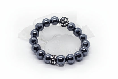 Rose Flower (June) Silver Bead with Hematite Beads Bracelet