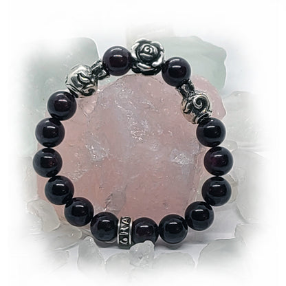 Rose and Pomegranates Silver Beads and Garnet Stone Beads Bracelet
