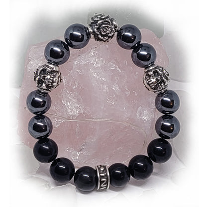 Rose and Two Skulls Silver Beads and Hematite and Black Onyx Stone Beads Bracelet