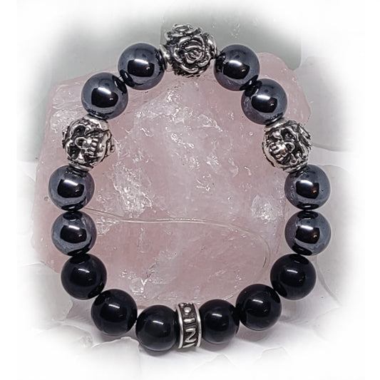 Rose and Two Skulls Silver Beads and Hematite and Black Onyx Stone Beads Bracelet