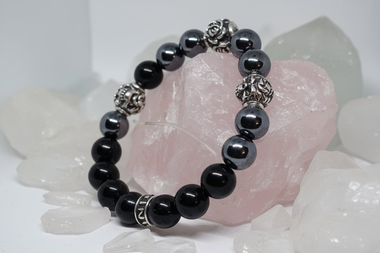 Rose and Two Skulls Silver Beads and Hematite and Black Onyx Stone Beads Bracelet