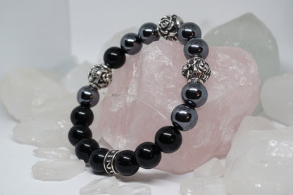 Rose and Two Skulls Silver Beads and Hematite and Black Onyx Stone Beads Bracelet