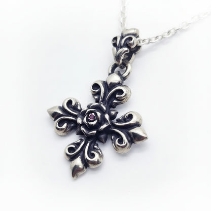 Fleur-de-lis Rose Cross with Ruby Sterling Silver Pendant