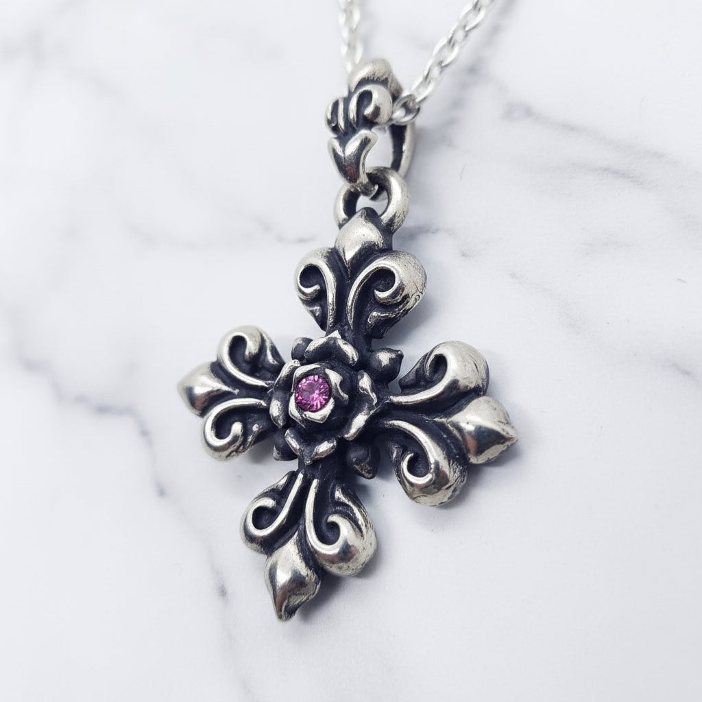 Fleur-de-lis Rose Cross with Ruby Sterling Silver Pendant