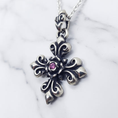 Fleur-de-lis Rose Cross with Ruby Sterling Silver Pendant