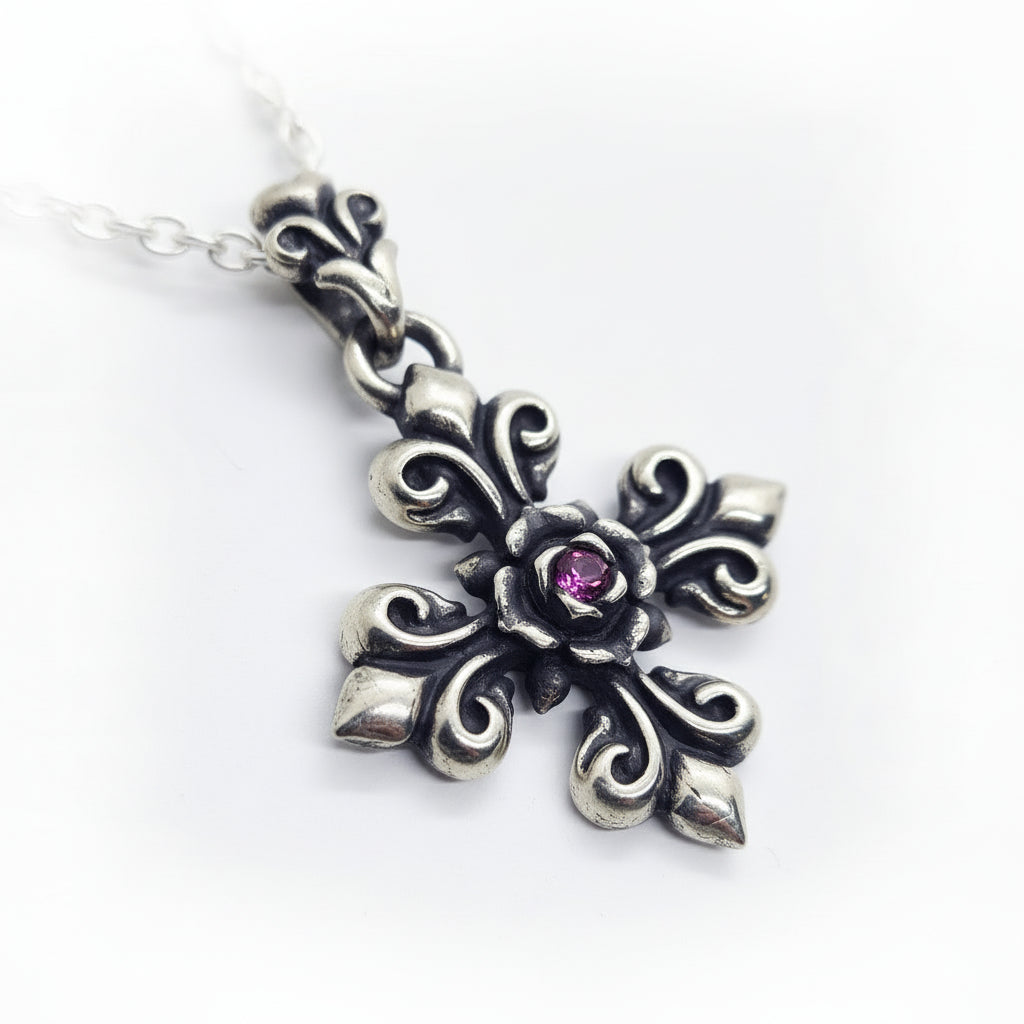 Fleur-de-lis Rose Cross with Ruby Sterling Silver Pendant