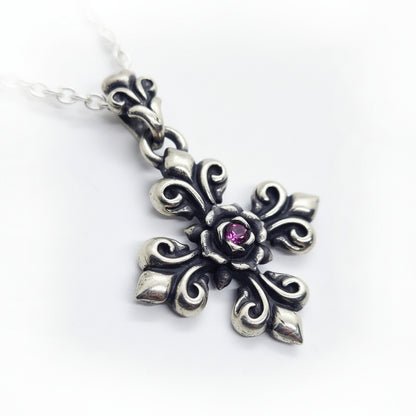 Fleur-de-lis Rose Cross with Ruby Sterling Silver Pendant