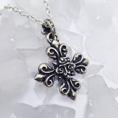 Fleur-de-lis Rose Cross with Ruby Sterling Silver Pendant