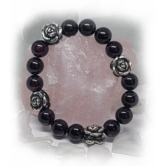 Roses Silver Bead with Garnet Stone Beads Bracelet