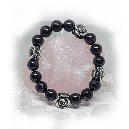 Roses Silver Bead with Garnet Stone Beads Bracelet
