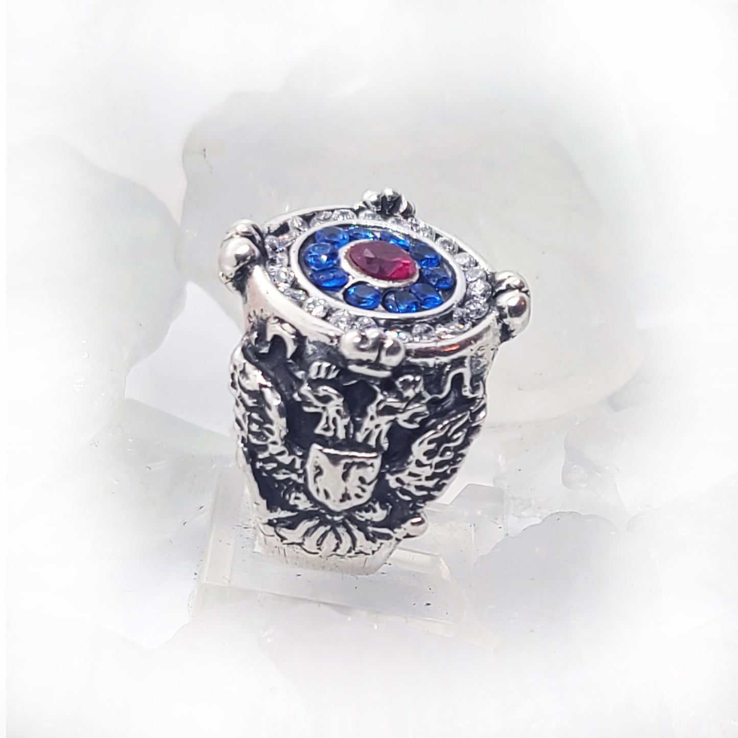 Russian Sterling Silver Ring with Flag Color CZ Stones