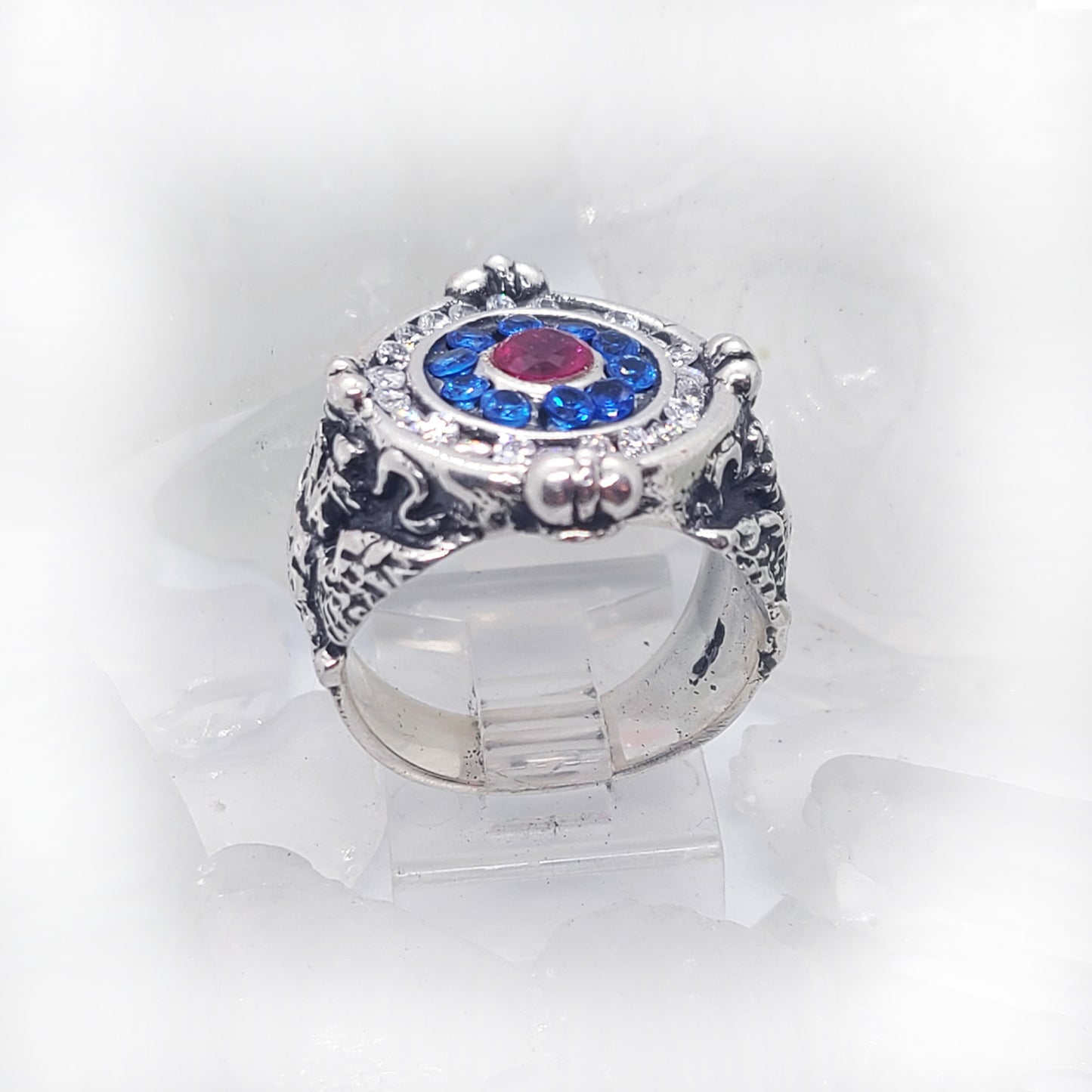 Russian Sterling Silver Ring with Flag Color CZ Stones
