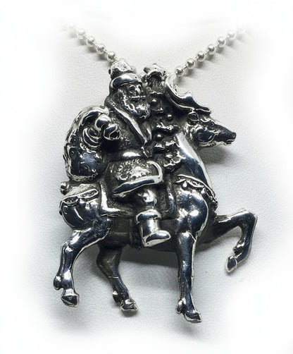 Santa Claus with Reindeer Silver Pendant