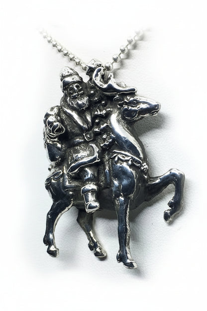 Santa Claus with Reindeer Silver Pendant